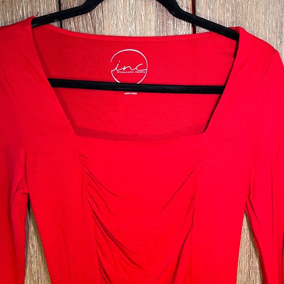 INC Ruby Red Ruched Front 3/4 Length Sleeve Stretchy Dress Shirt - Picture 2 of 8